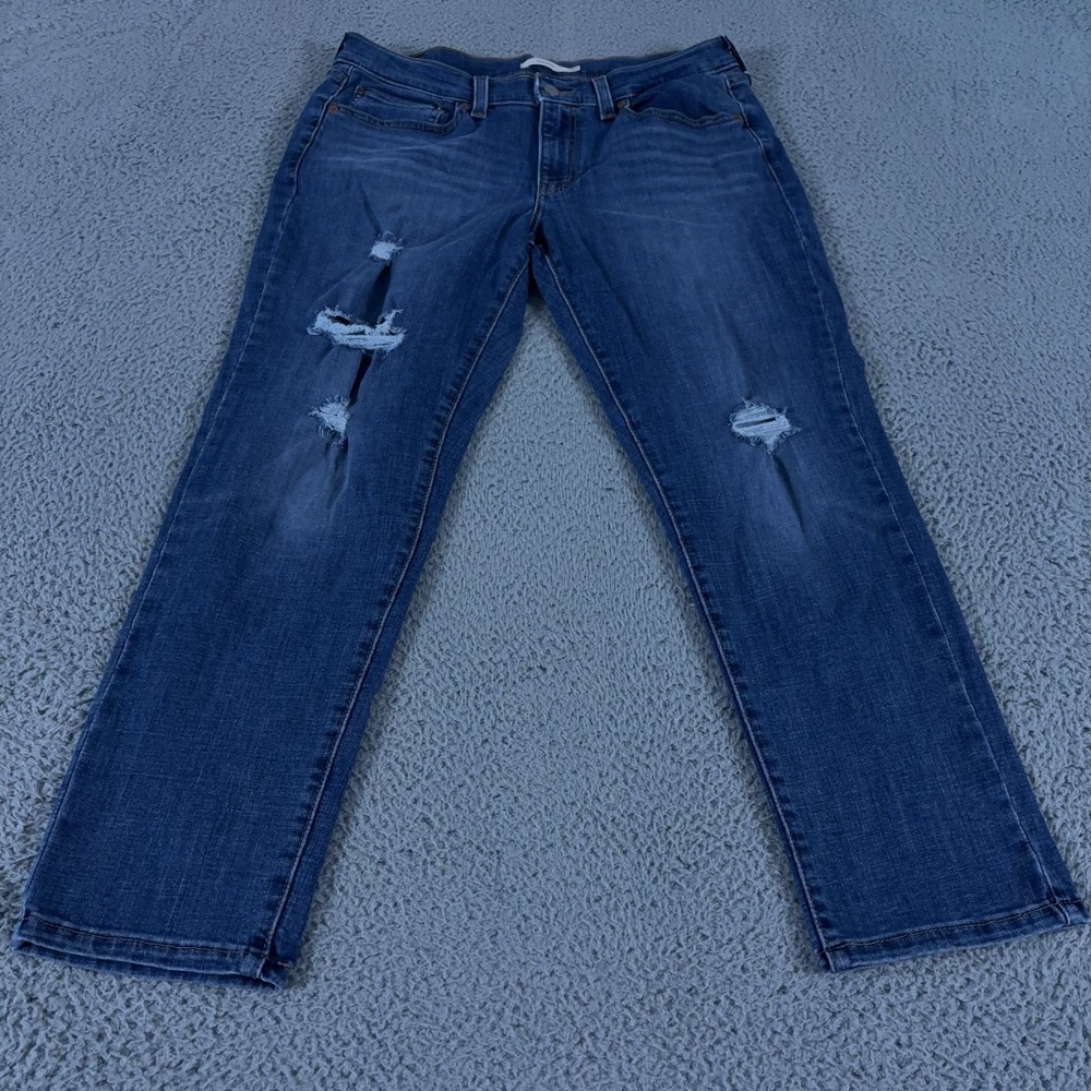 Levis Jeans Womens 30 Blue Boyfriend Mid Rise Medium Wash Stretch Distressed